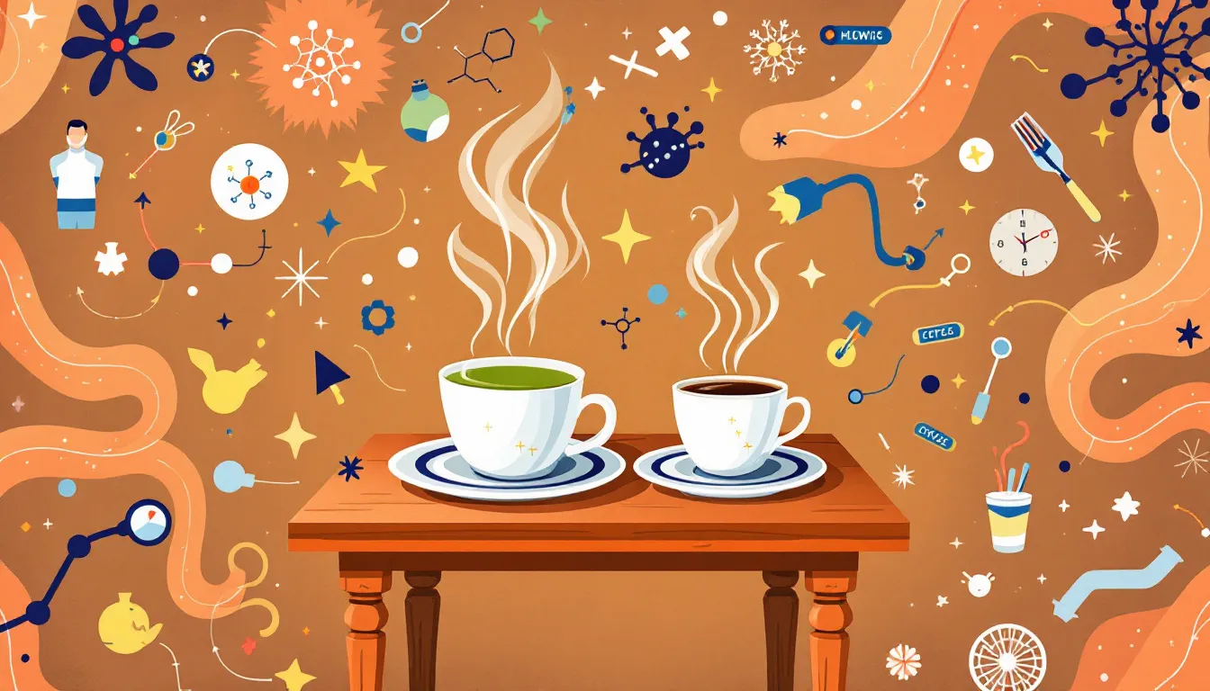 Eine Tasse grüner Tee und eine Tasse Kaffee, die den Stoffwechsel ankurbeln.