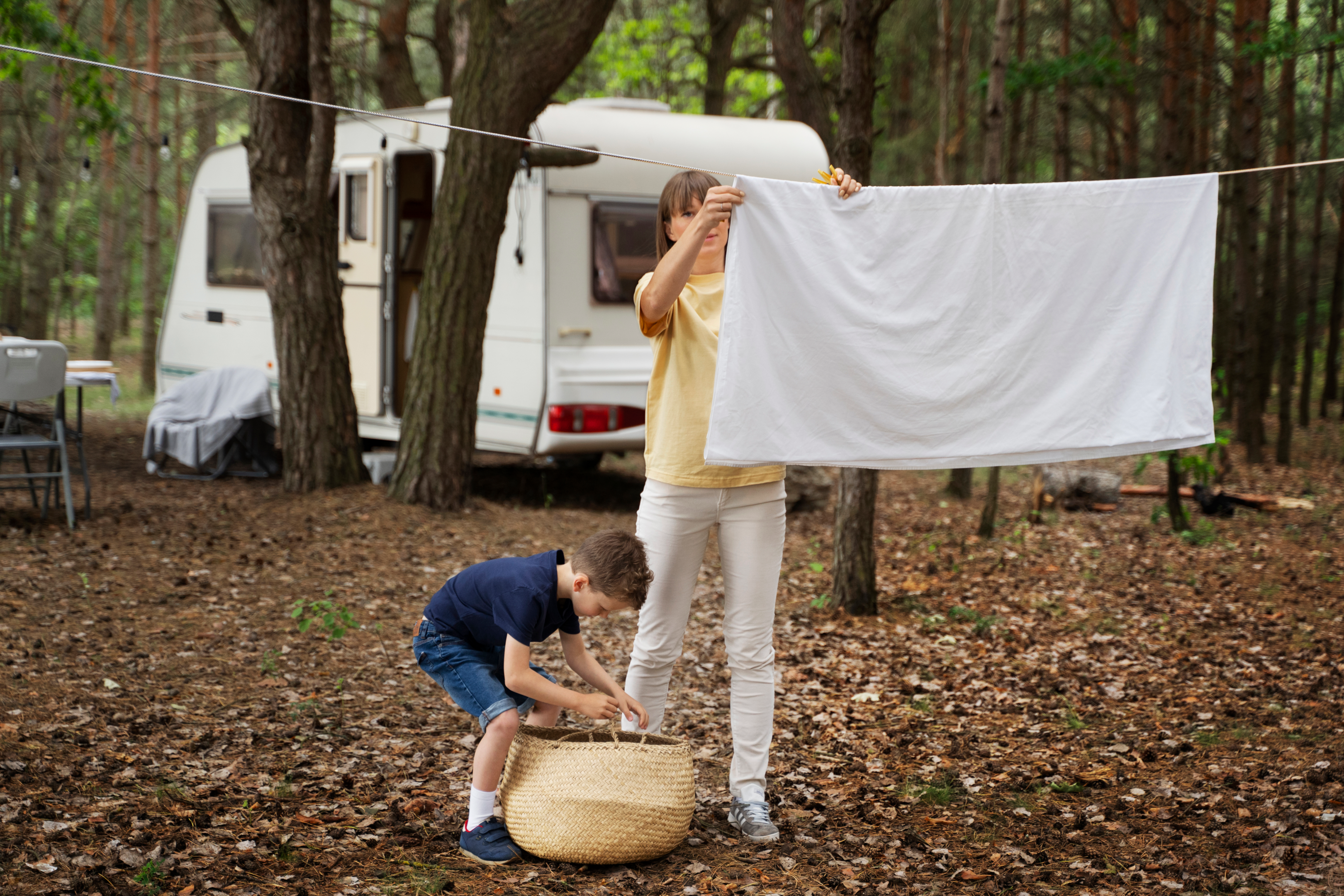 Mother drying clothes after washing it on a camping trip