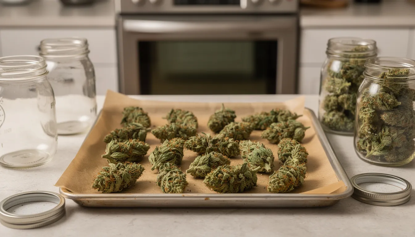 Auf einem Küchentisch liegen frische Cannabisblüten, die zur Decarboxylierung vorbereitet werden. Neben den Blüten stehen Glasbehälter, die zur Aufbewahrung der decarboxylierten Substanzen dienen, um die Wirkung der Cannabinoide zu aktivieren.