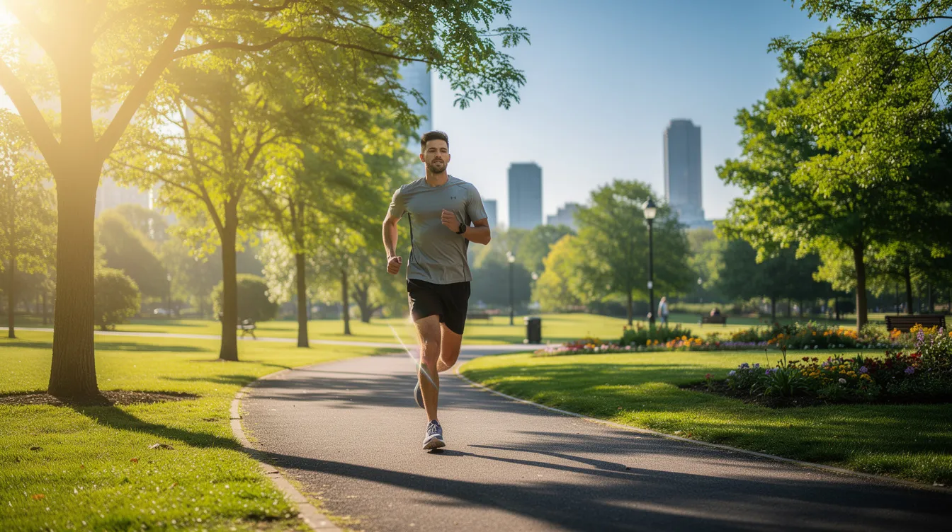 A person is jogging through a vibrant green urban park on a sunny day, embodying a commitment to health and wellness. This scene highlights the importance of exercise in a weight loss journey, emphasizing the role of physical activity in achieving energy and fitness goals.