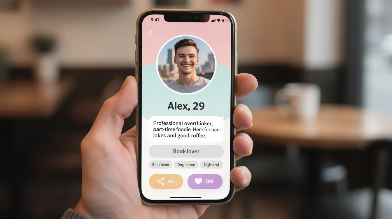 The image features a humorous and exaggerated fake dating app profile bio, showcasing a fun-loving person with a mix of playful phrases and relatable quirks, such as "boy bye" and "duck face." This lighthearted profile highlights the importance of first impressions in online dating and the characteristics one might want in a potential partner.