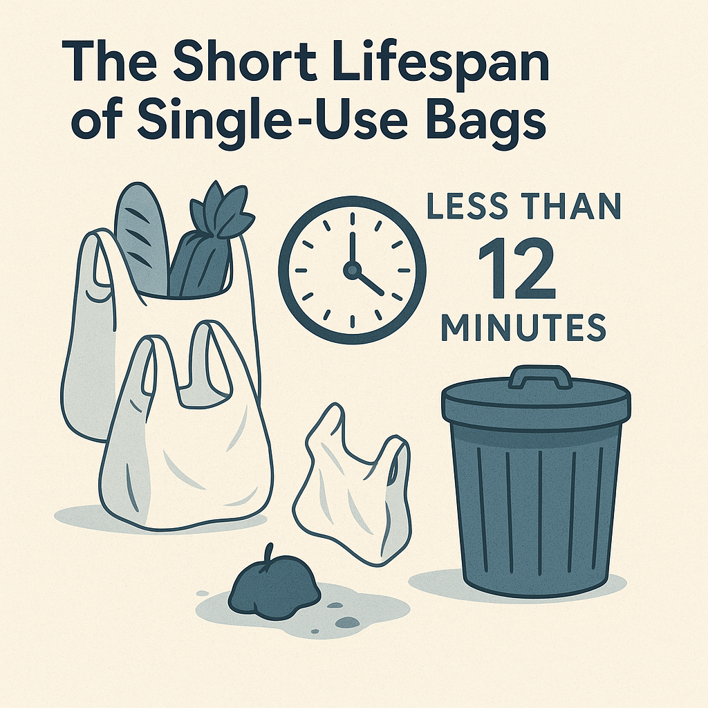 Plastic bag used for groceries beside a clock labeled “less than 12 minutes” and a trash bin. The image contrasts quick use with long-term waste.