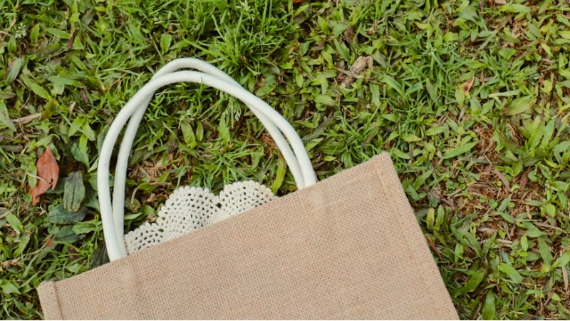 A jute bag on the grass