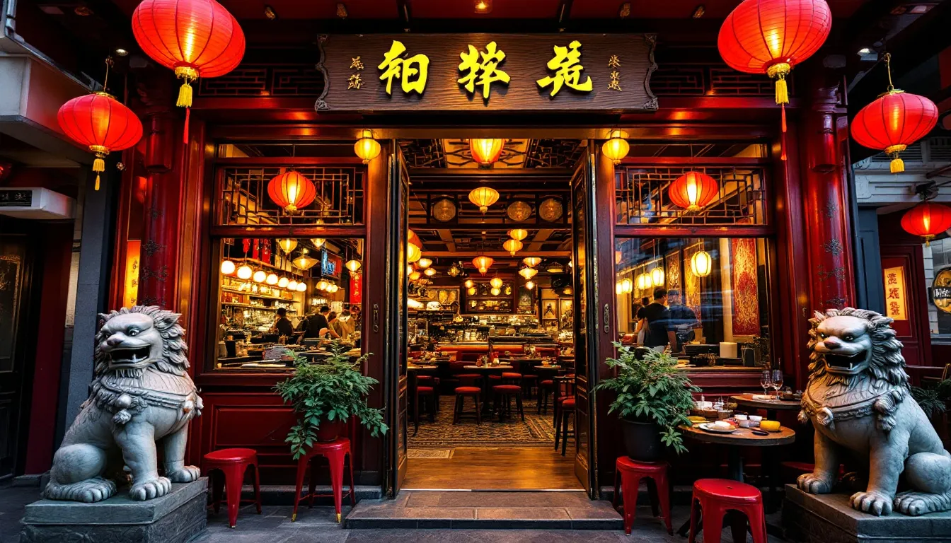 A vibrant interior of a Chinese restaurant in Düsseldorf, showcasing traditional decor.