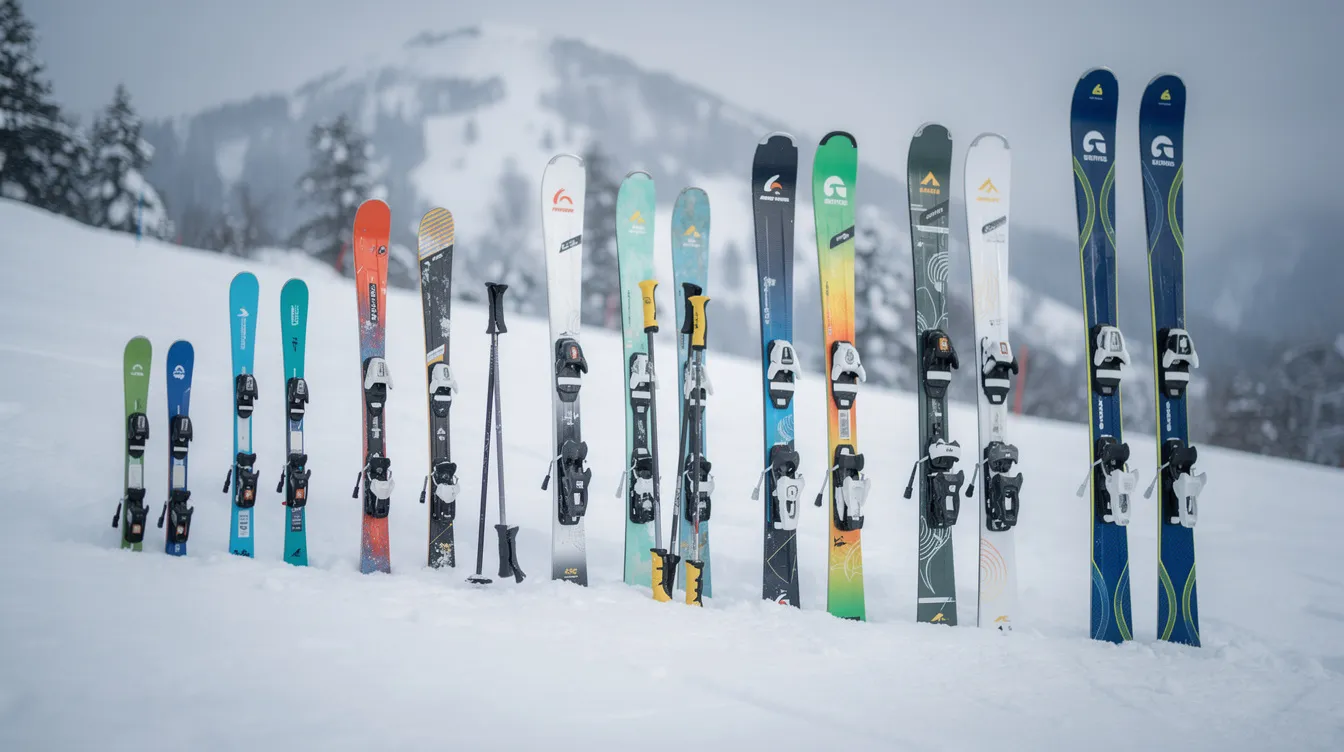 Auf dem Bild sind verschiedene Skier in unterschiedlichen Längen im Schnee aufgestellt, die ideal für Skianfänger sind. Die Skiausrüstung steht auf einer präparierten Piste, umgeben von Pulverschnee, und bietet eine gute Auswahl für den Einstieg in den Wintersport.