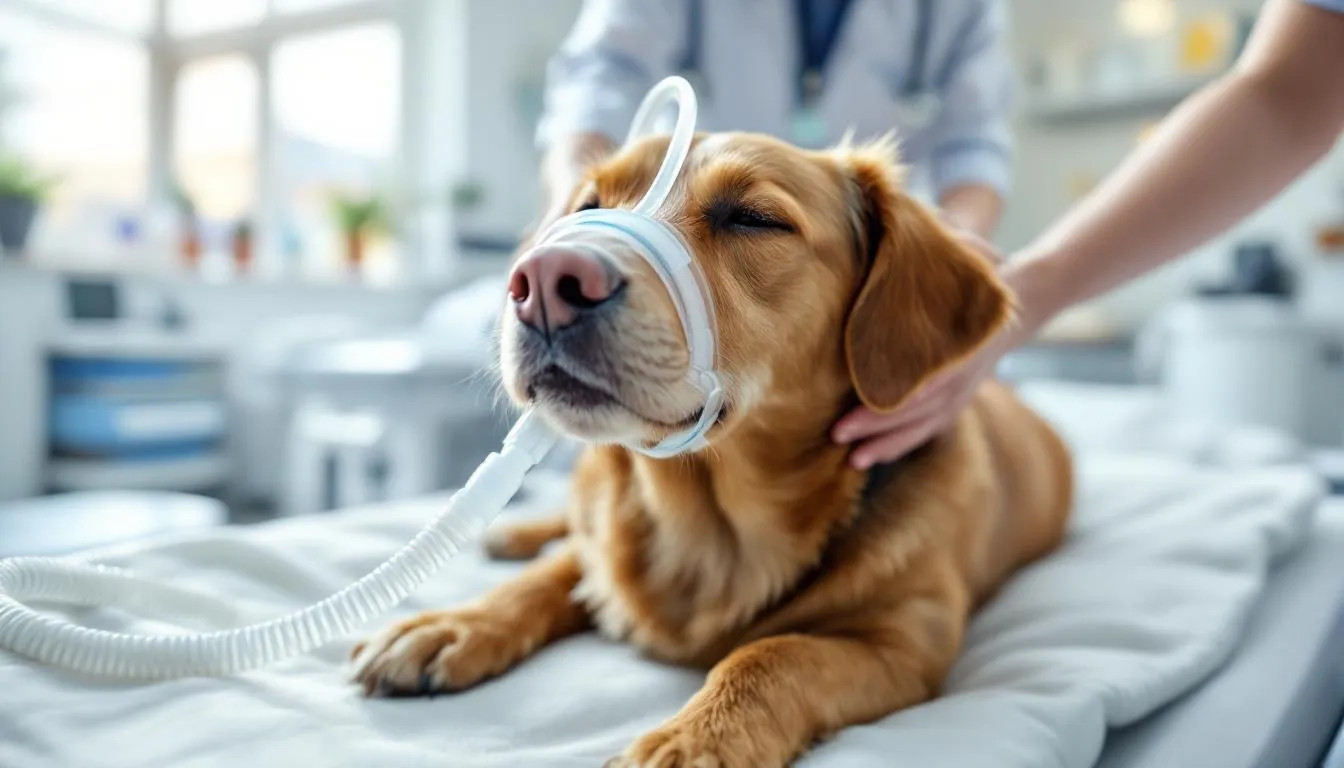 A dog is receiving oxygen therapy in a veterinary hospital, surrounded by medical equipment aimed at treating its respiratory illness. This treatment is crucial for dogs experiencing breathing difficulties due to conditions like pneumonia, which can be caused by bacterial or viral infections.