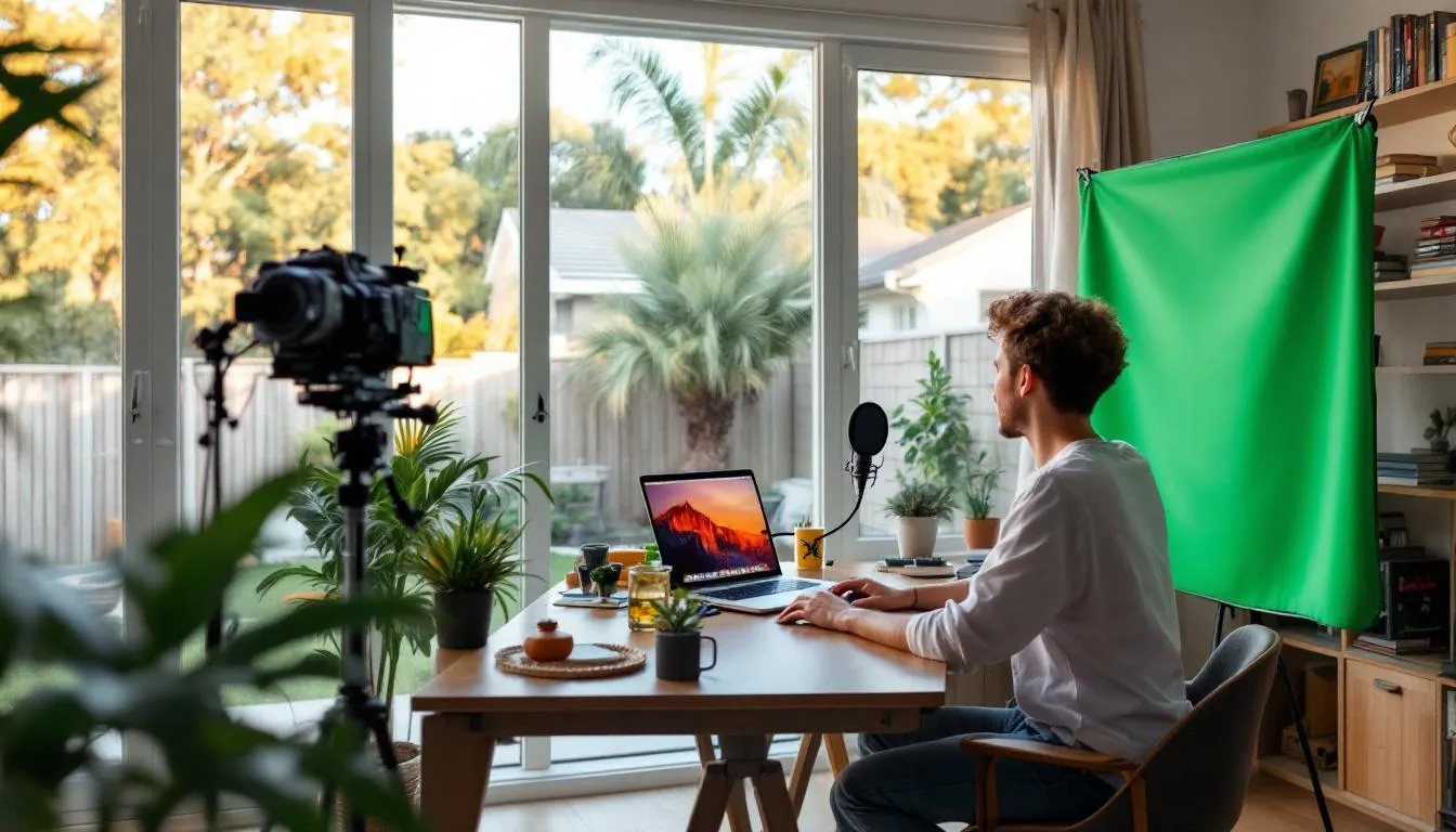 A content creator is filming video content in a cozy Australian home office, equipped with a laptop and various digital tools, emphasizing the importance of a clear digital marketing strategy to avoid common marketing mistakes. The setting reflects a focus on customer engagement and the need for informed decisions to enhance brand reputation and achieve business objectives.
