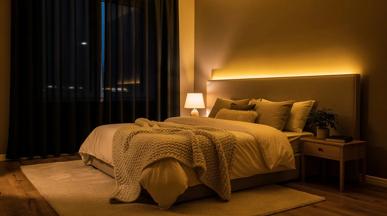 The image depicts a cozy bedroom illuminated by warm amber lighting, with blackout curtains drawn to create a dark and restful environment. This serene setting is ideal for promoting sleep quality by reducing light exposure, which can interfere with melatonin levels and circadian rhythms.