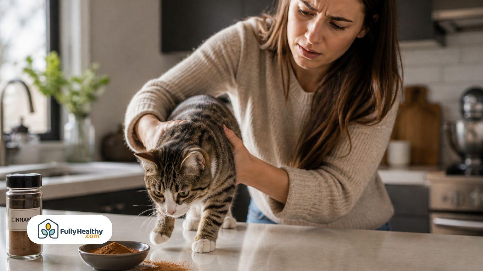 Worried owner holding cat away from cinnamon powder