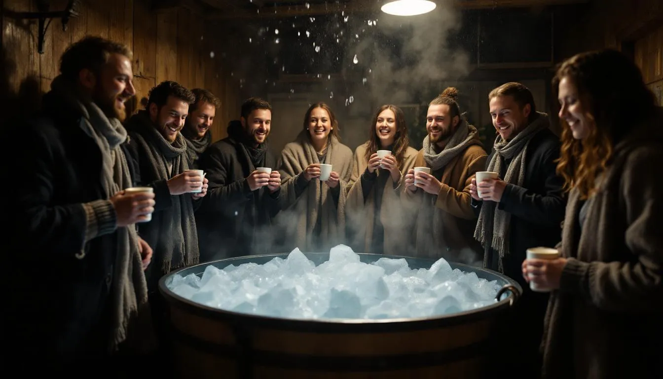 Safety tips being discussed for taking ice baths, with visual elements of warm clothing and beverages.