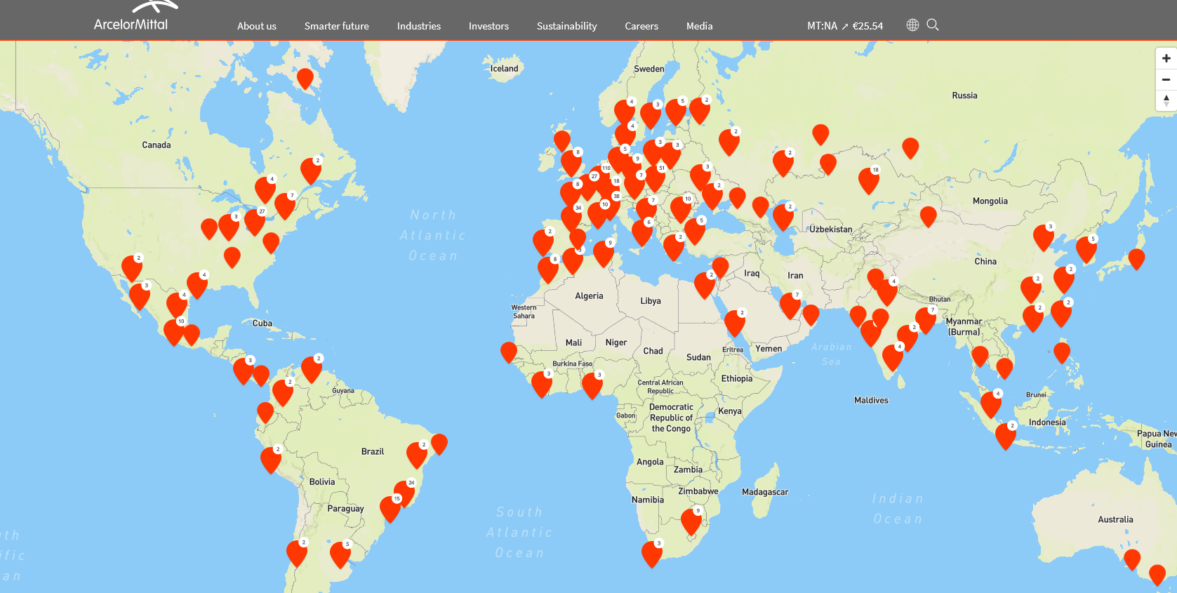 World Map highlighting Arcelor Mii