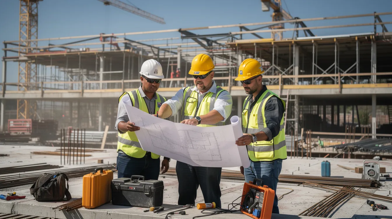 A construction supervisor wearing a hard hat is reviewing project plans with crew members at a commercial building site, emphasizing the importance of effective succession planning and teamwork in the construction industry. The scene captures the collaborative effort required for successful project execution and the development of leadership roles within the construction business.