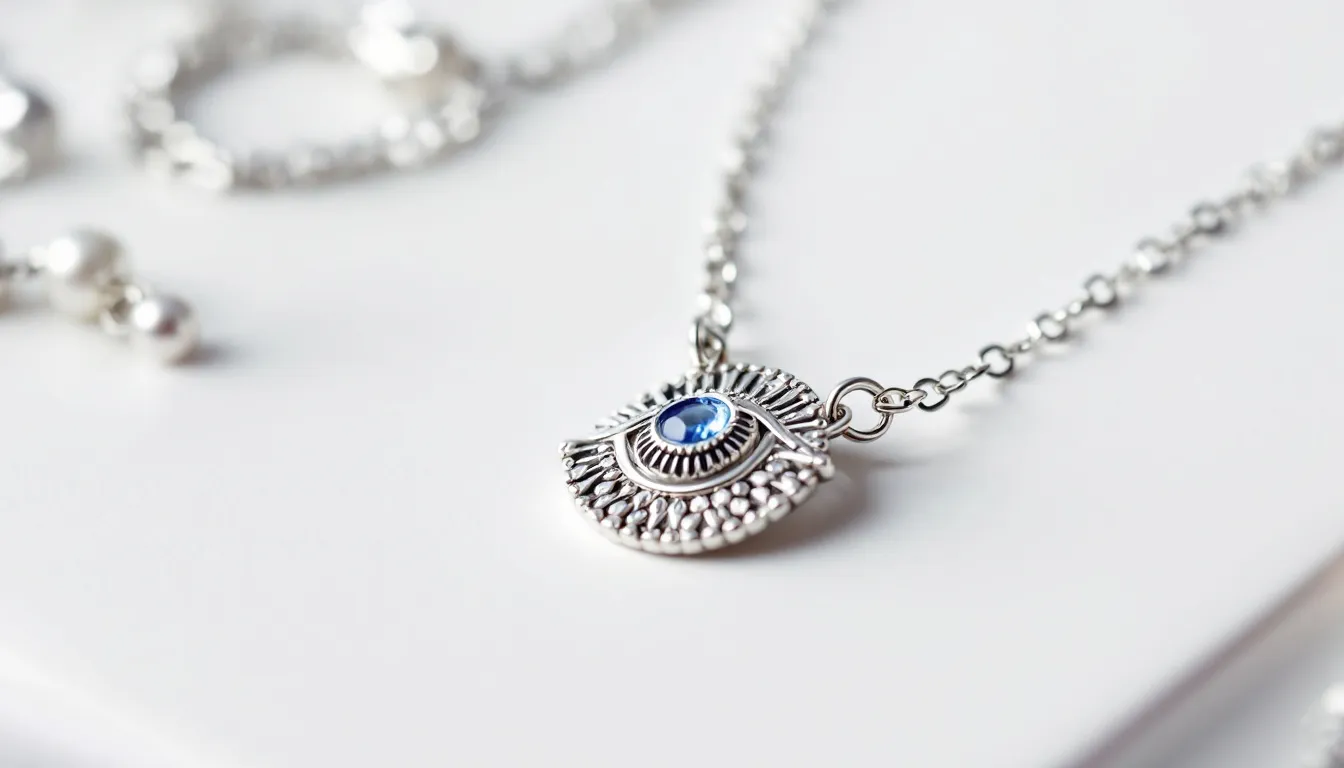 This image features a stunning sterling silver necklace that combines a hamsa hand and an evil eye design, symbolizing protection and good fortune. The intricate details of the hamsa hand and the vibrant evil eye create a stylish accessory, perfect for everyday wear and a thoughtful gift for the wearer.