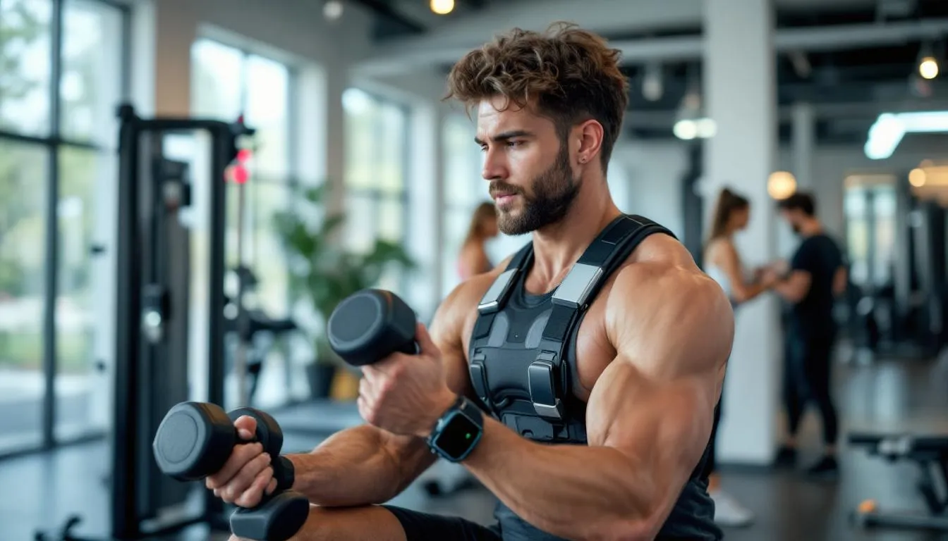 A person is exercising while wearing multiple health monitoring devices, which track various metrics related to their physical and emotional health. This scene emphasizes the importance of a healthy life and the proactive management of chronic diseases, aligning with the principles discussed in Peter Attia's approach to longevity and wellness.