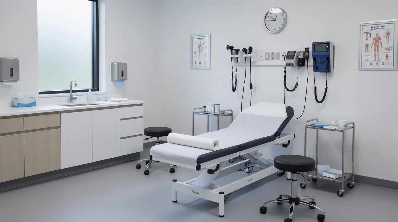 The image depicts the interior of a bright and clean medical exam room, featuring a well-organized examination table, a sink, and various wall-mounted medical equipment, all designed to enhance patient flow and comfort in a modern medical office space. This inviting environment is ideal for healthcare providers in family medicine and other medical practices.
