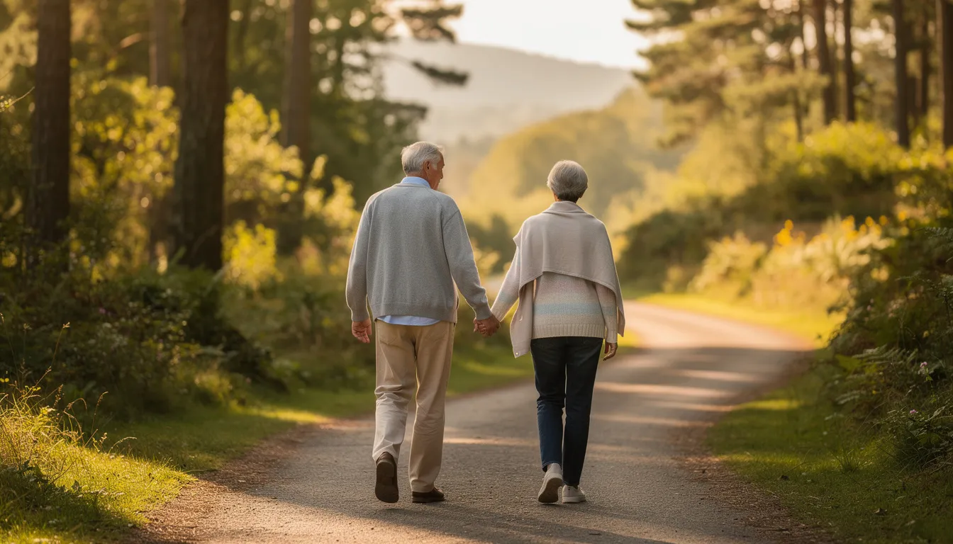 A couple strolls hand in hand along a serene nature path, symbolizing their journey into retirement. This image reflects the importance of thoughtful financial planning, including retirement savings options and investment strategies, as they embrace their new chapter together.