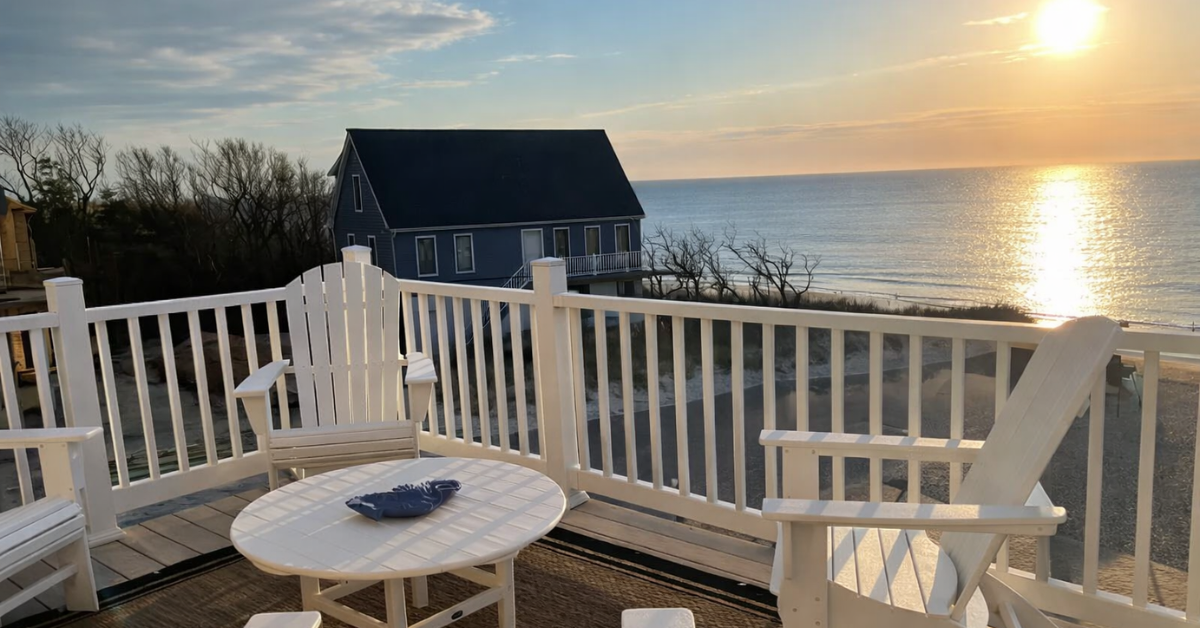 Oceanview deck with Adirondack chairs overlooking the Delaware Bay at sunset, just a short walk from the beach at a Cape May vacation rental.