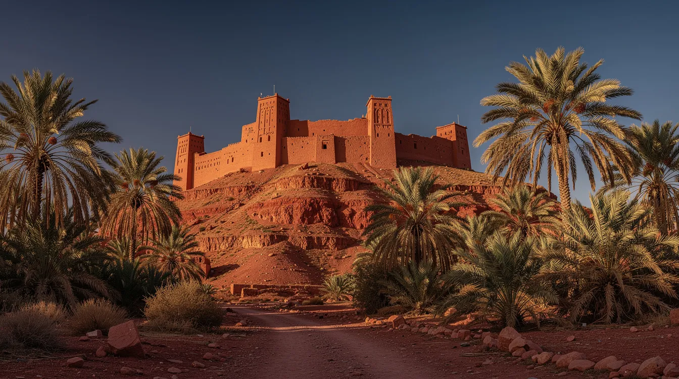 Oude kasbah van rode leem op een heuvel, omringd door palmbomen.