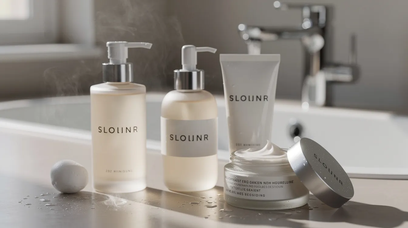 The image shows a close-up view of clean skincare products neatly arranged on a bathroom counter, highlighting various items that promote skin health and rejuvenation. These products may include serums and creams designed to address individual skin concerns like acne scars, uneven skin tone, and fine lines, aiding in the skin's natural healing process and collagen production.