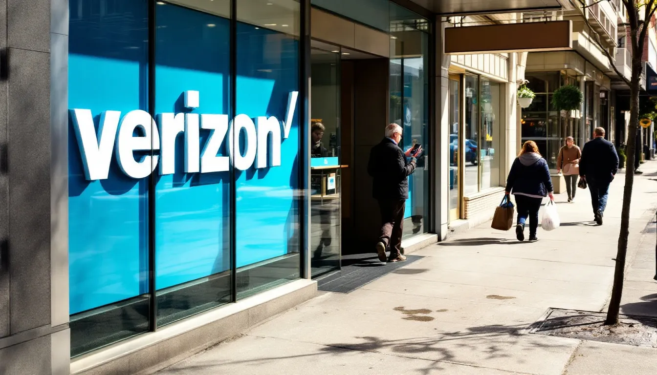 The image shows the exterior of a Verizon store bustling with customers walking in during business hours, eager to explore new phone options and services. The store's welcoming atmosphere suggests a great experience awaits for those looking to purchase or inquire about plans and devices.