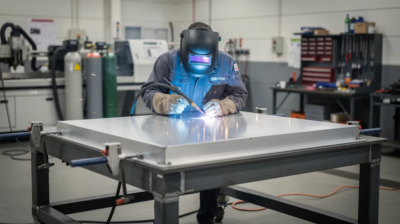 A technician is engaged in TIG welding an aluminum sheet metal enclosure within an industrial workshop, showcasing the sheet metal fabrication process. The workspace is filled with various tools and equipment, emphasizing the custom metal fabrication capabilities for producing durable and corrosion-resistant parts.