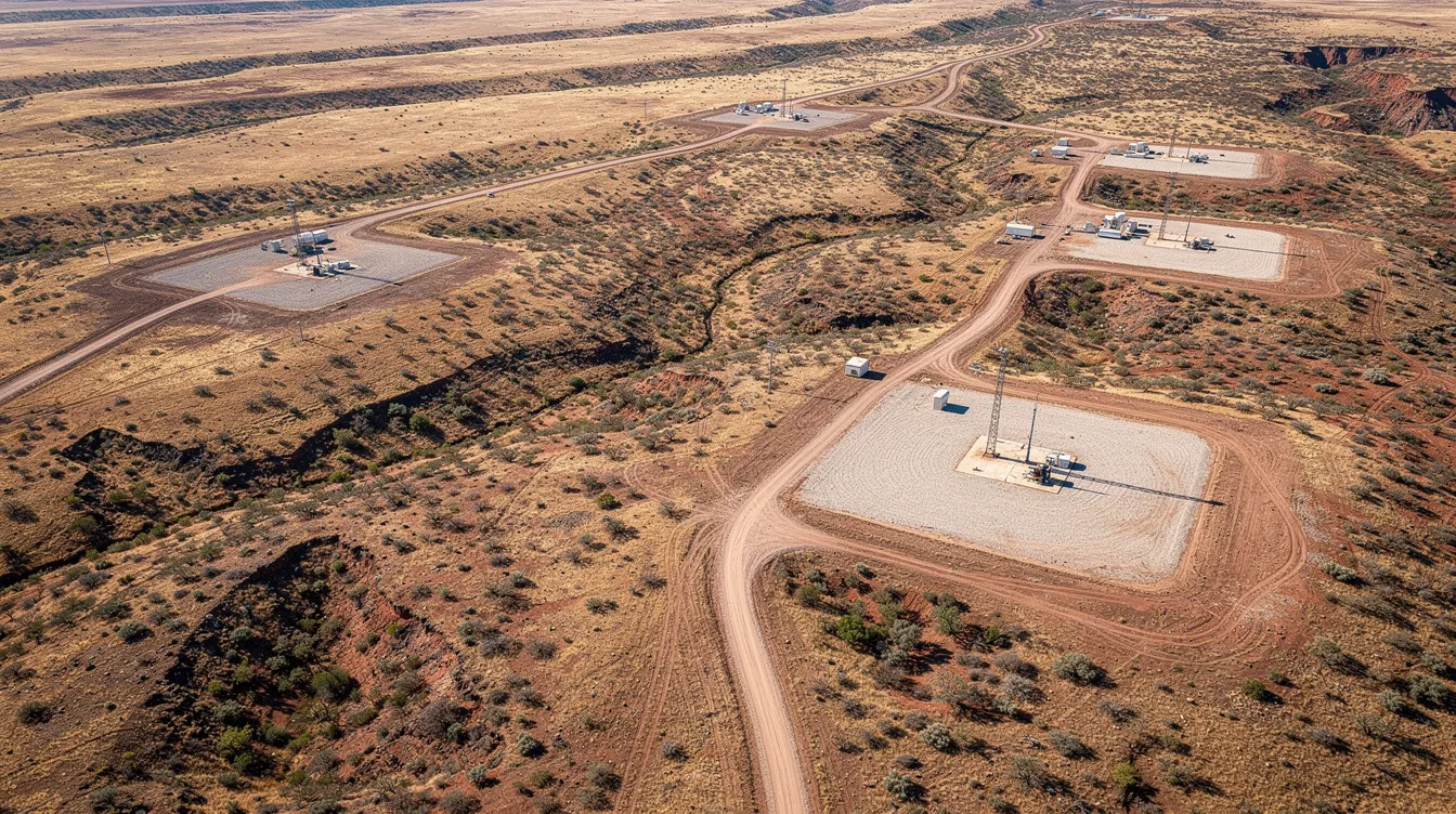 An aerial view captures multiple well pads and access roads set within a semi-arid basin landscape, highlighting the extensive oil and gas development activities in the area. This scene reflects the intricate network of operations related to oil and gas leases, showcasing the infrastructure essential for gas exploration and production.
