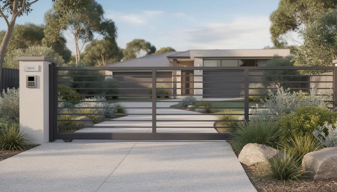 The image features an automatic sliding gate installed on a suburban driveway, surrounded by lush native garden landscaping, showcasing a blend of functionality and aesthetic appeal. This gate system provides secure access for property owners while enhancing the overall look of residential and commercial properties in Avondale Heights.
