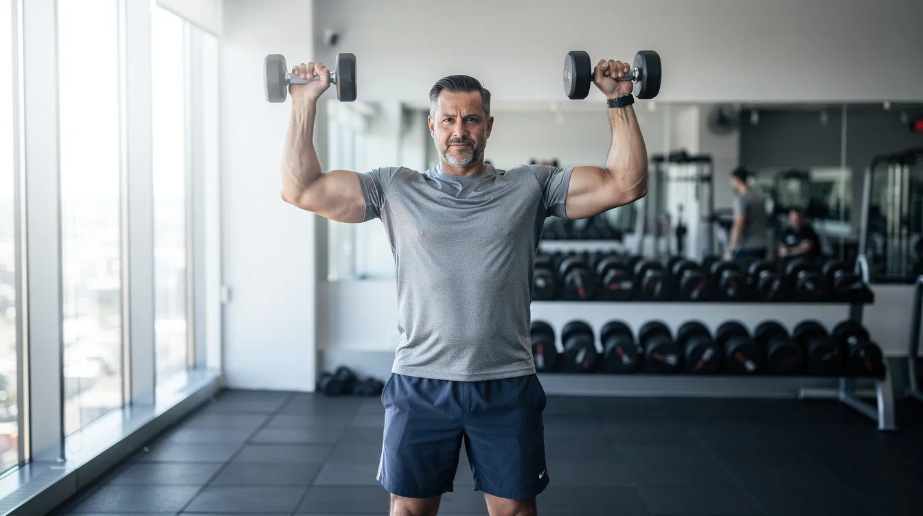 A middle-aged man is performing dumbbell exercises in a bright gym, showcasing his commitment to a healthy lifestyle and muscle growth. This scene reflects the importance of maintaining testosterone levels naturally through exercise, which can support energy levels and promote lean muscle mass.