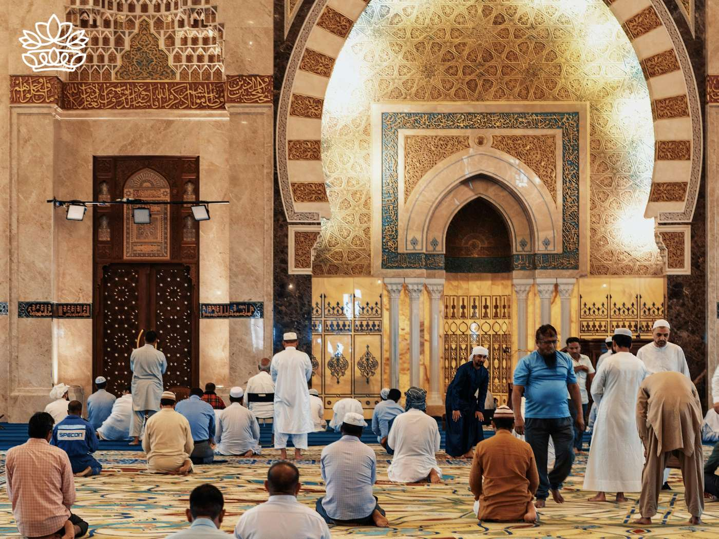 Devotees praying inside a mosque on the first day of Eid, an important Islamic event celebrated by relatives in Istanbul and remembering the teachings of Muhammad, with traditions echoing from Palestine, from the Eid Collection by Fabulous Flowers and Gifts.