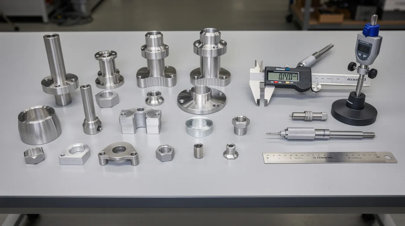 An array of machined aluminum and stainless steel parts is neatly arranged on an inspection table, accompanied by precision measuring instruments, showcasing the results of advanced manufacturing processes using CNC technology and machine tools. This setup reflects the meticulous nature of the machining operations within the manufacturing industry, emphasizing high accuracy and precision machining.