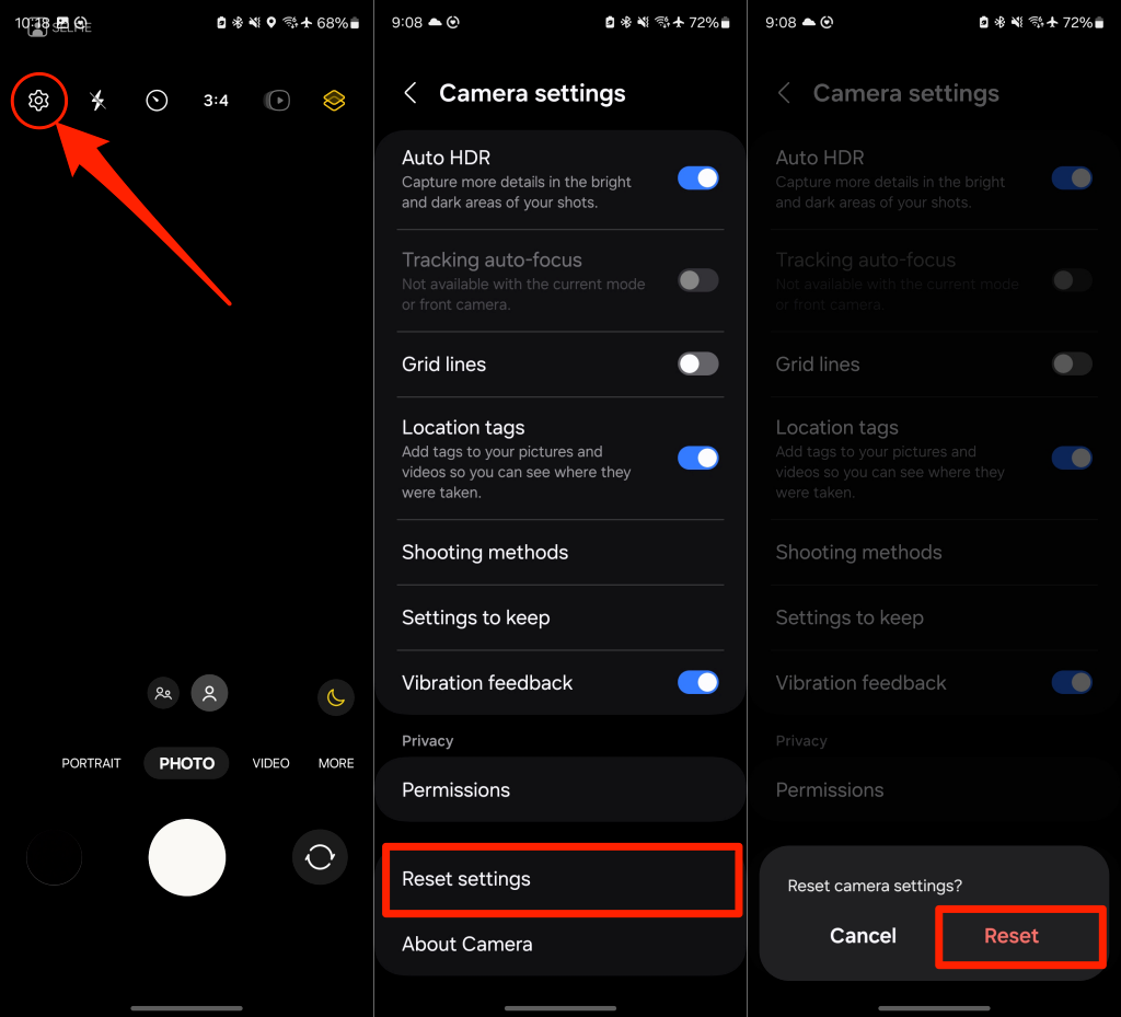 Steps to reset camera settings on a Samsung smartphone