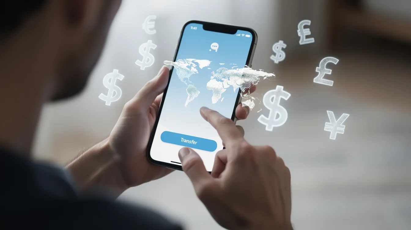 A person is using a smartphone to send an international money transfer, with various currency symbols floating around the screen, representing different currencies involved in the transaction. This image illustrates the convenience of online banking and remittance services, allowing users to easily transfer money to loved ones in countries like Pakistan.