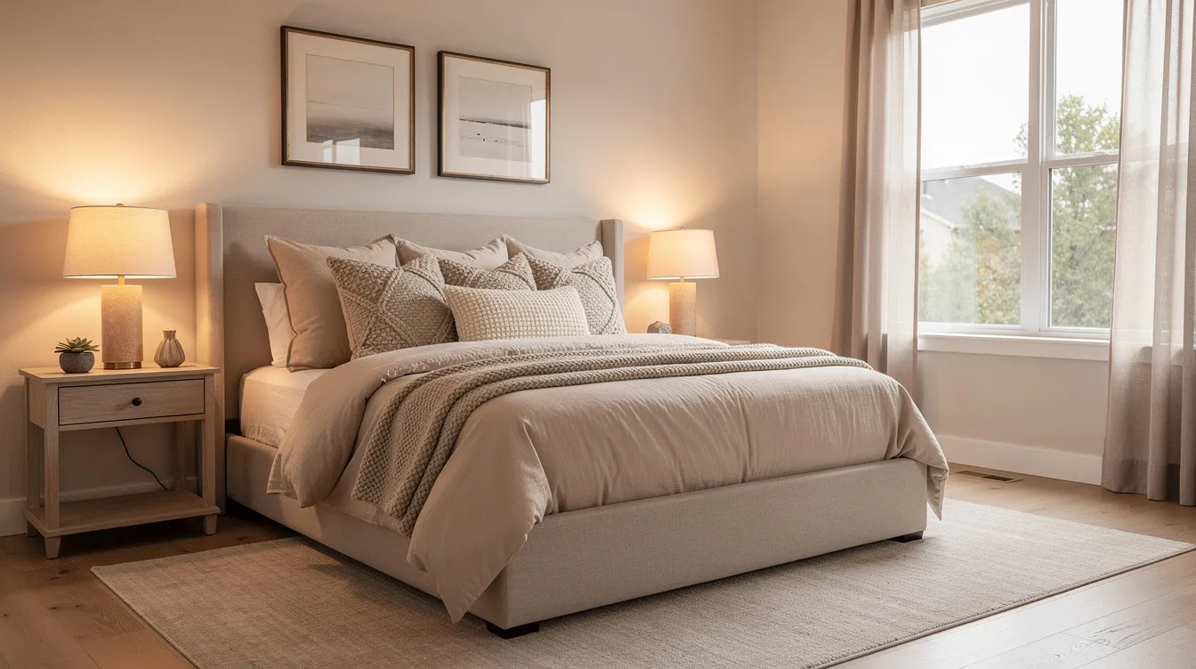 The image features a professionally staged primary bedroom in a Denver home, showcasing neutral bedding, warm accent lighting, and soft textured pillows, creating an inviting atmosphere for potential buyers. This well-staged home highlights the benefits of home staging, designed to attract buyers and enhance the property's appeal.