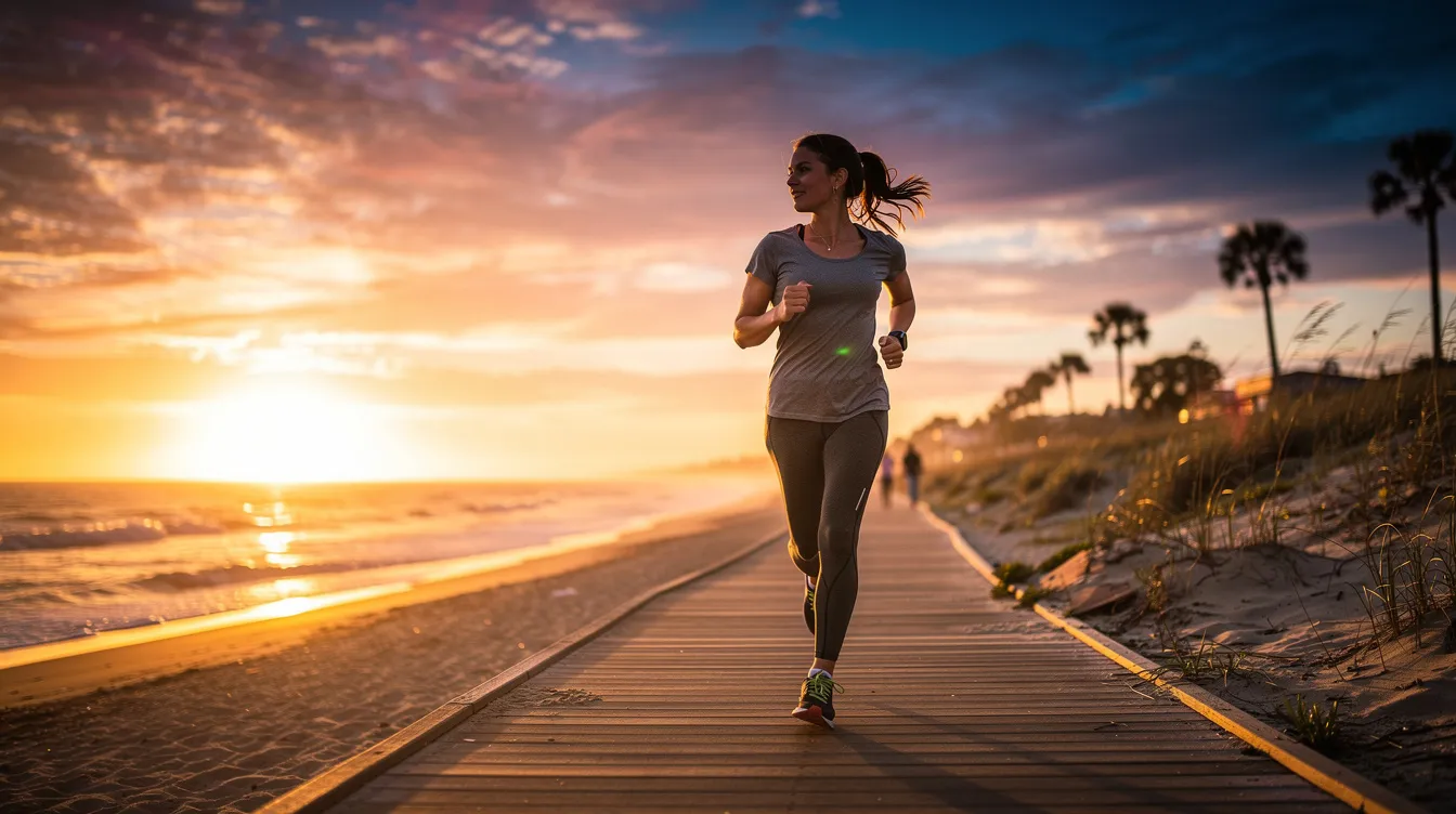A person jogs along a beach boardwalk at sunset, with the vibrant colors of the sky reflecting on the water. This serene scene can promote mental health by providing a calming environment that helps to alleviate anxiety and depression symptoms.