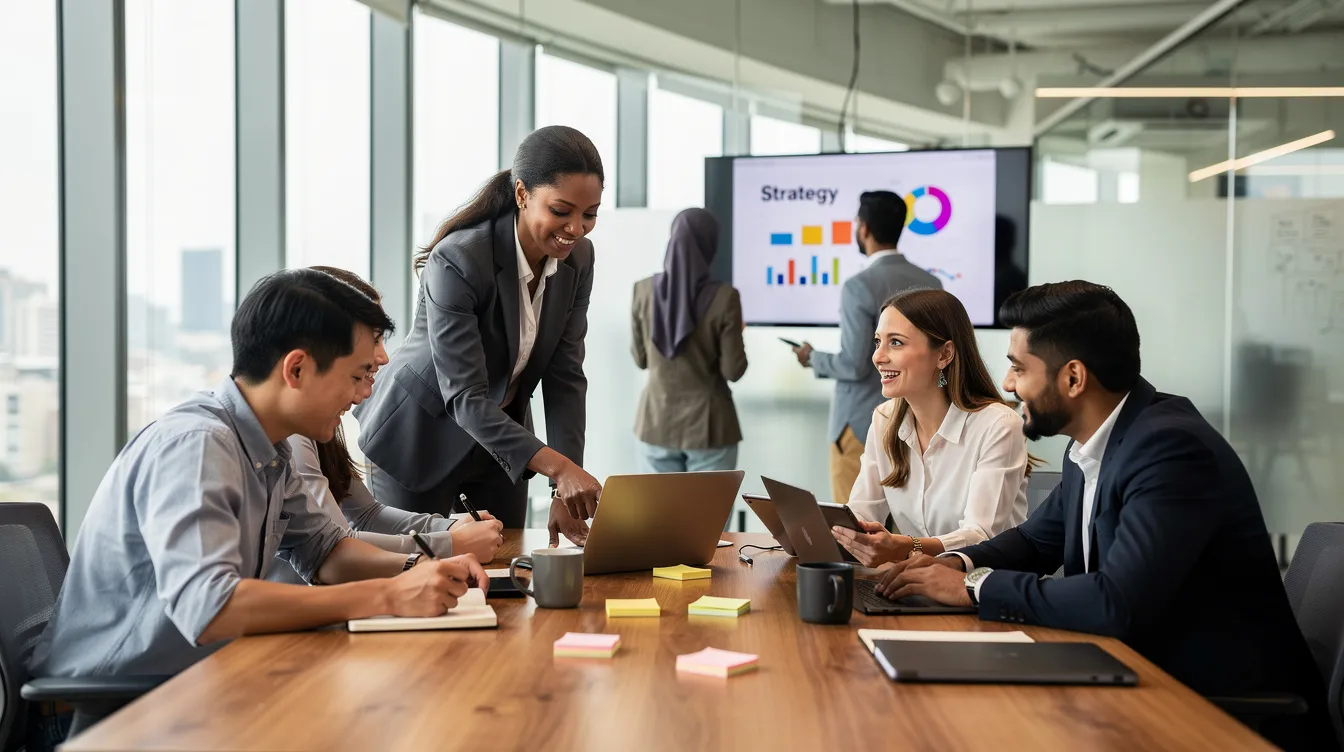 The image depicts a diverse group of professionals collaborating in a modern office environment, showcasing teamwork among personal injury attorneys who may focus on protecting automobile accident victims. The setting reflects a commitment to addressing complex personal injury cases and ensuring effective communication in the legal profession.