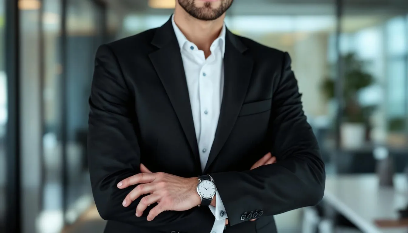 A professional man is dressed in formal business attire, showcasing a stylish black leather watch strap on his wrist. The watch strap complements his outfit, emphasizing his personal style and adding an elegant touch to his overall look.