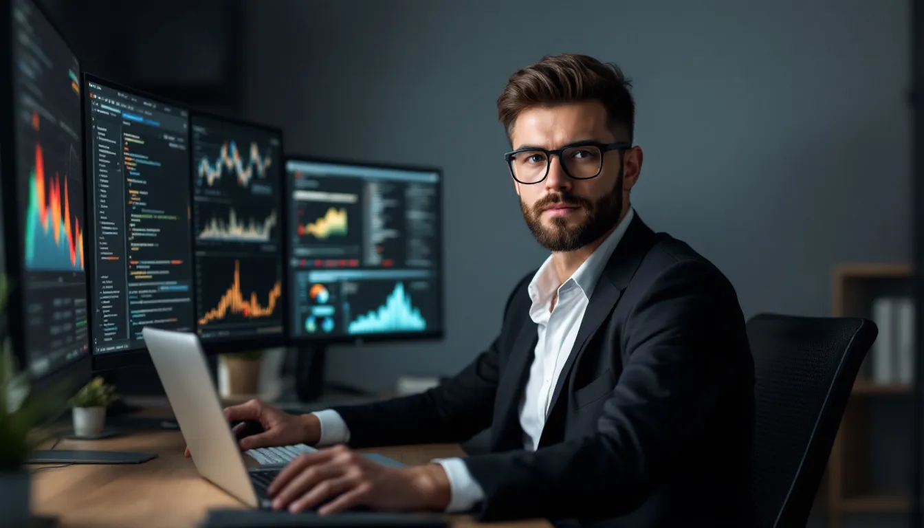 Um profissional está concentrado em analisar dados em múltiplas telas de computador, refletindo sobre o valor de mercado e a avaliação de marcas, enquanto considera projeções econômico-financeiras e a metodologia de valuation. As telas exibem gráficos e informações relevantes para a análise de ativos intangíveis e fluxo de caixa das empresas.