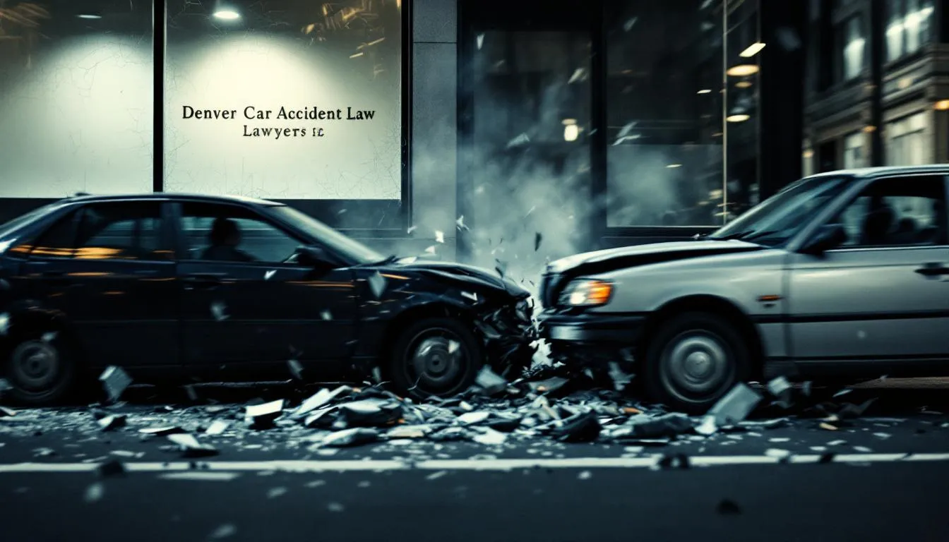 A blurred image of a car accident scene with a Denver car accident lawyer's office in the background.