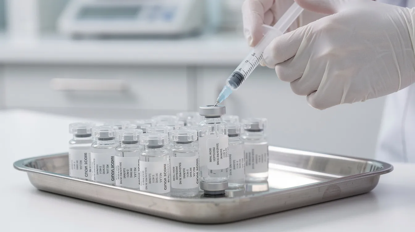 The image shows a close-up view of a medical professional in a clean clinical setting, preparing vials of injectable filler for a non-surgical butt lift procedure. The focus is on the meticulous arrangement of the vials, highlighting the professional's attention to detail in this minimally invasive cosmetic treatment aimed at enhancing the buttock region.