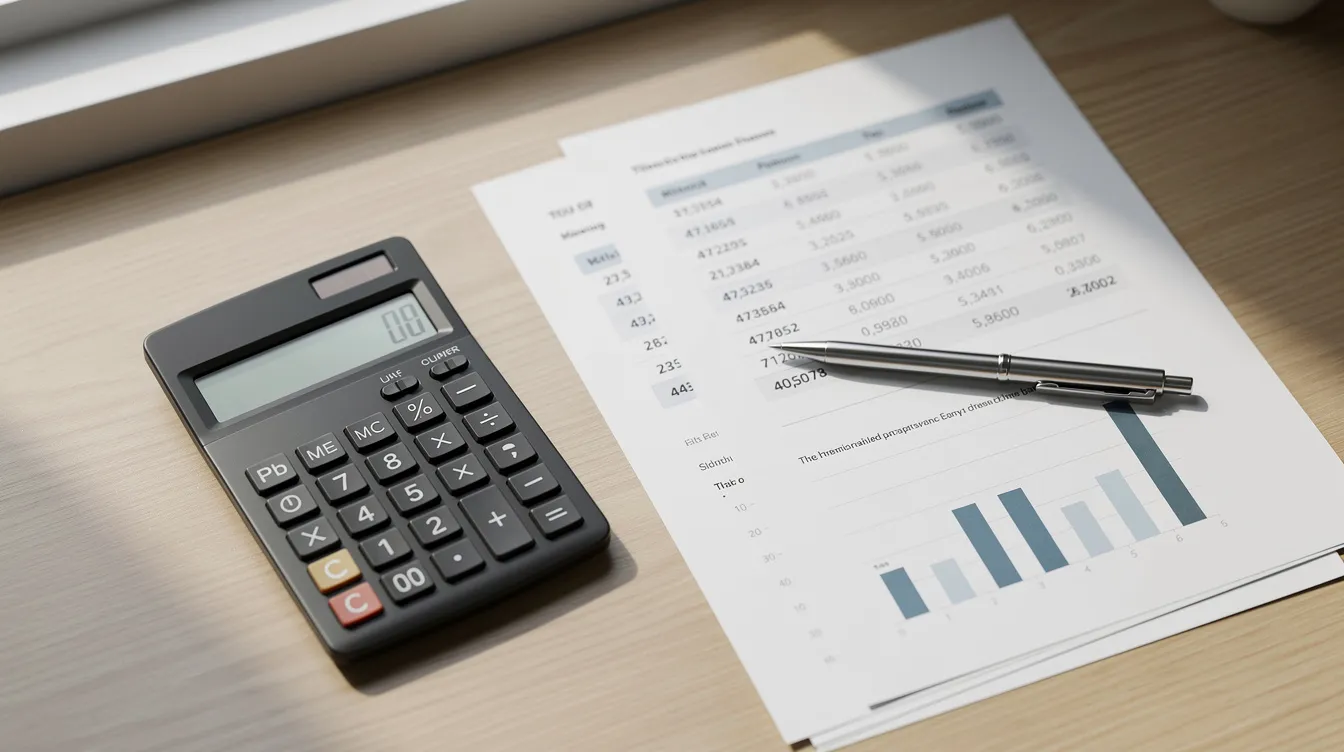 The image features a calculator placed on a wooden desk alongside printed financial documents and a pen, suggesting a setting for real estate investors analyzing hard money loan costs or evaluating rental property investments. This workspace implies a focus on financial planning and decision-making related to investment properties.