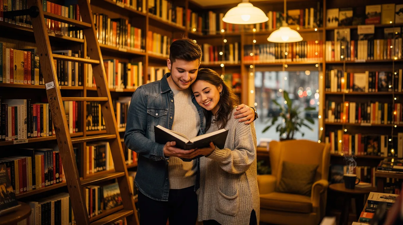 A couple is happily browsing through books together in a cozy bookstore, surrounded by warm lighting that creates an inviting atmosphere. This intimate moment captures the essence of shared values and interests, reminiscent of the early days of their relationship as they explore new ideas and enjoy each other's company.