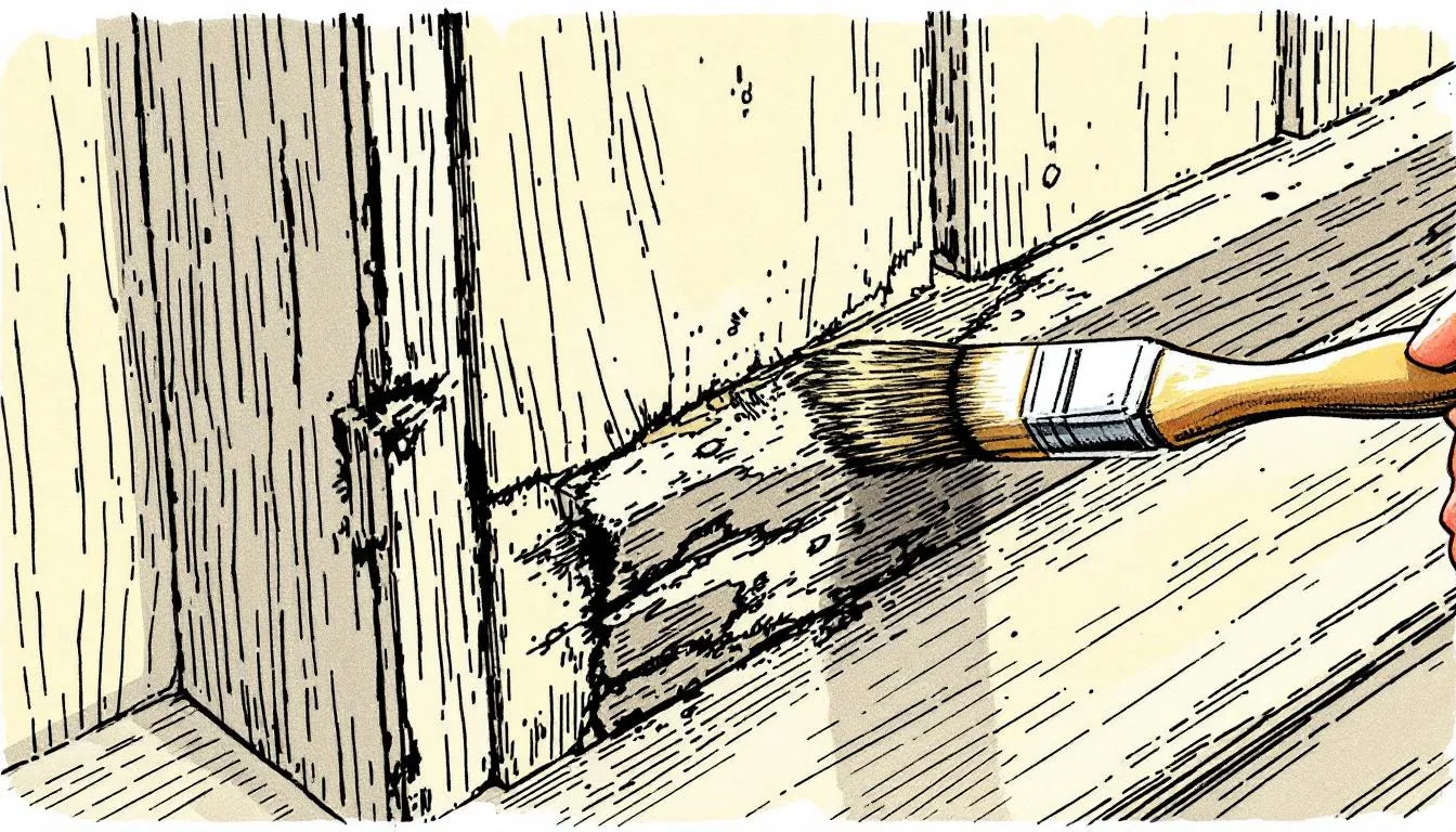 An image depicting the process of fixing cracks and minor damage on a door frame, showcasing wood filler application.
