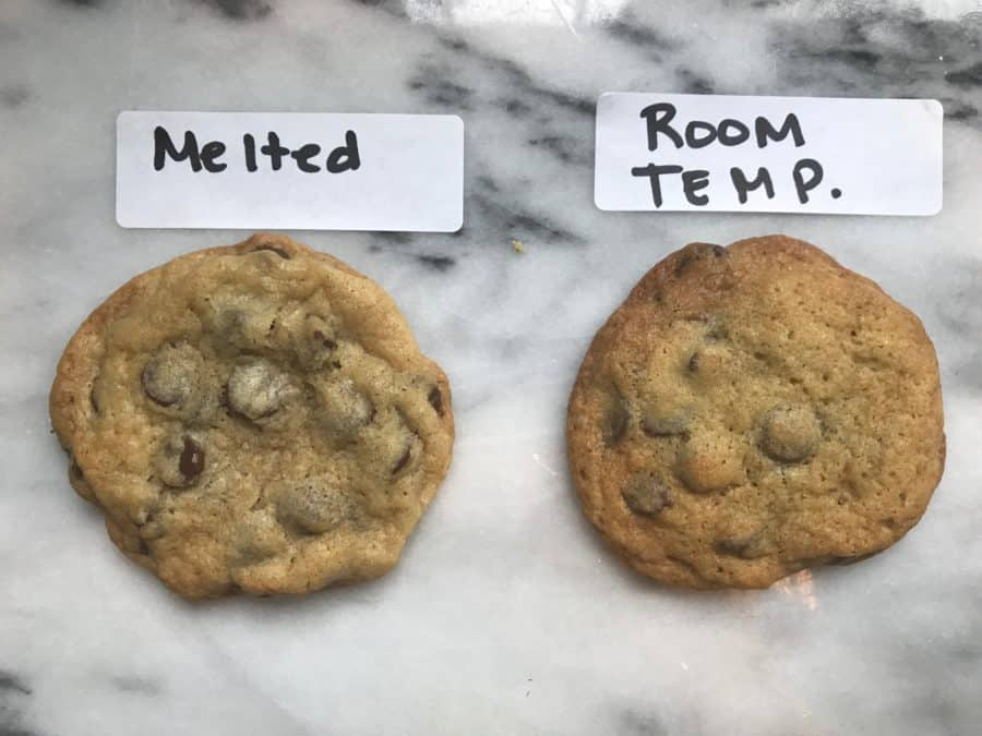 two cookies, one made with melted butter and one with room temperature butter