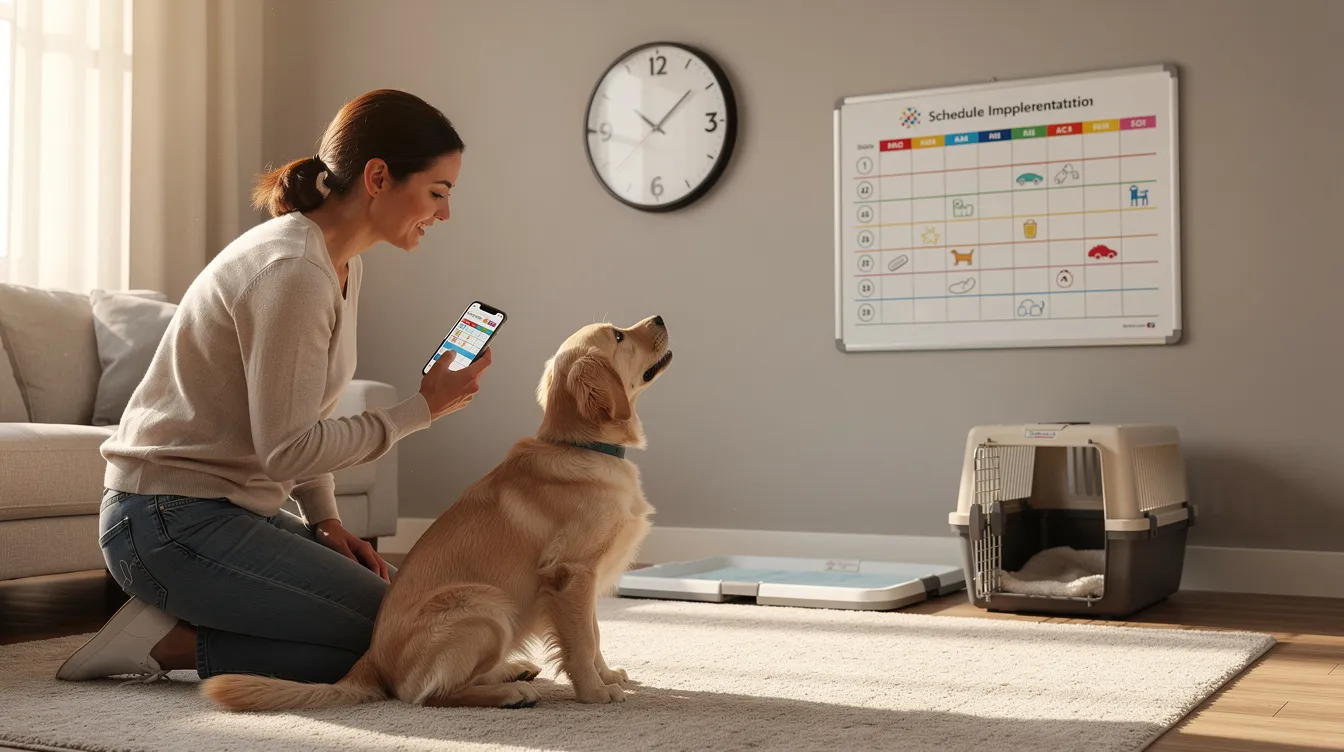The image depicts a well-organized puppy potty training schedule, featuring designated times for potty breaks, crate training, and positive reinforcement techniques. It visually represents the daily routine that helps new puppy parents manage potty training success for their young puppies.