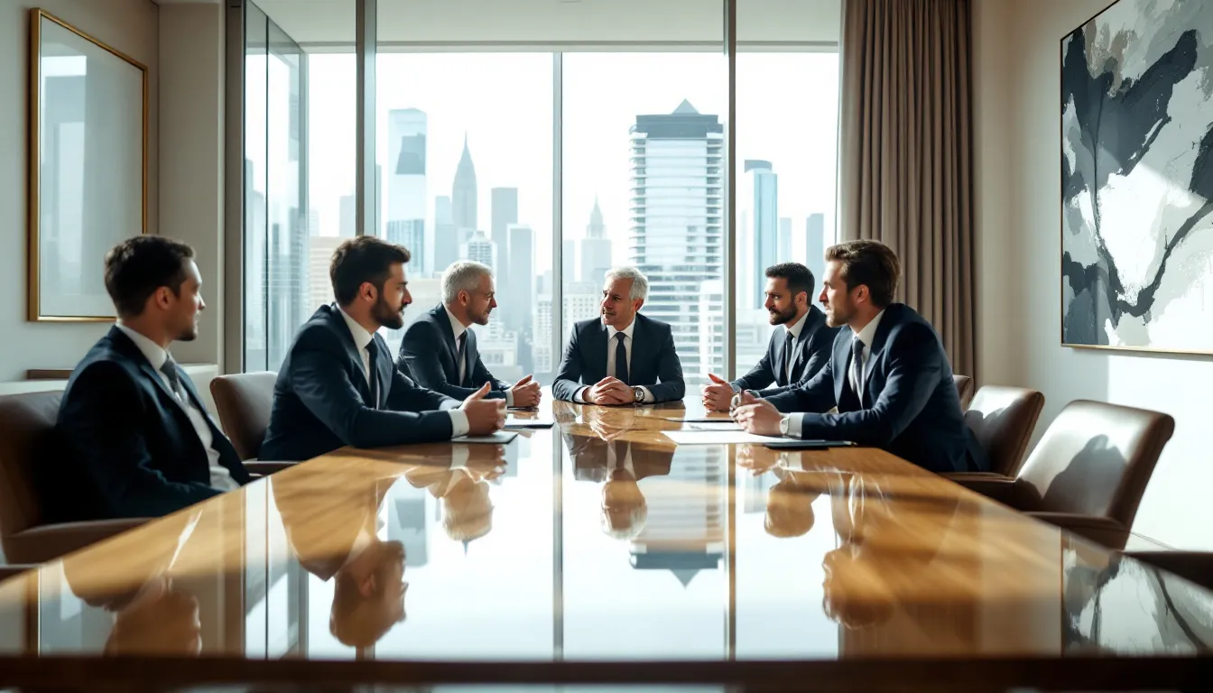 An ultra-high net worth family is seated around a polished conference table in an elegant office, engaging with financial advisors to discuss life insurance premium financing strategies. The advisors are presenting options for managing insurance premiums and estate plans, highlighting the benefits of using irrevocable life insurance trusts to secure their financial priorities and mitigate estate taxes.