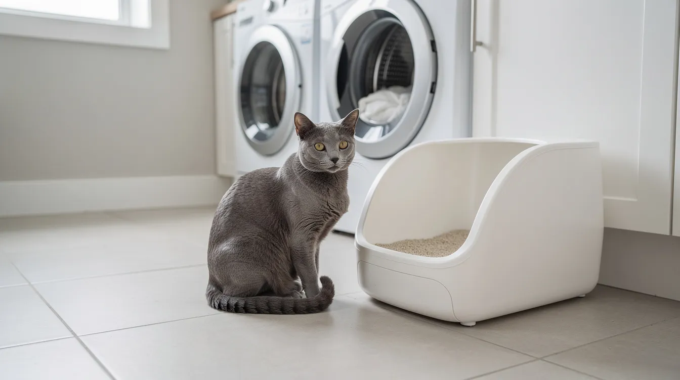A calm gray cat is sitting next to a clean white litter box in a tidy laundry room, showcasing the ideal litter depth for a cat's litter box. The fresh litter ensures a pleasant environment, crucial for the cat's well-being and odor control.