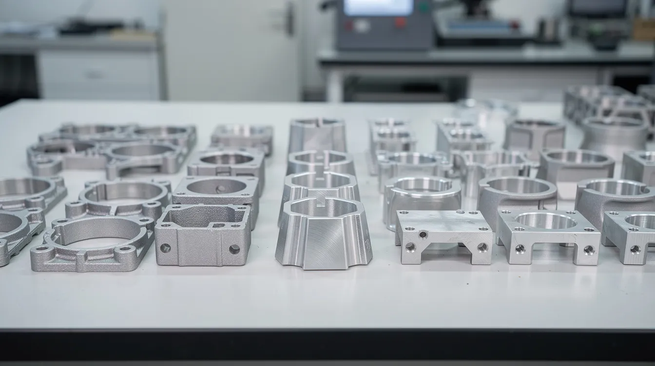 An inspection table displays an array of precision aluminum die cast parts, showcasing various surface finishes. These components, produced through the aluminum die casting process, highlight the high dimensional stability and excellent corrosion resistance typical of aluminum die cast parts.