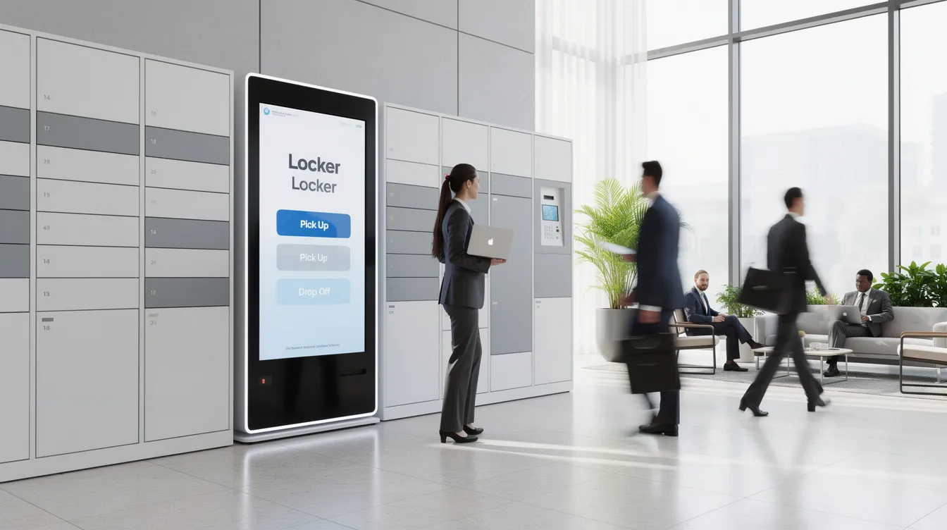 The image depicts a modern office lobby featuring a smart locker bank equipped with a touchscreen kiosk, as people walk past. This smart locker system provides secure storage solutions and efficient device access, enhancing asset management in a contemporary work environment.