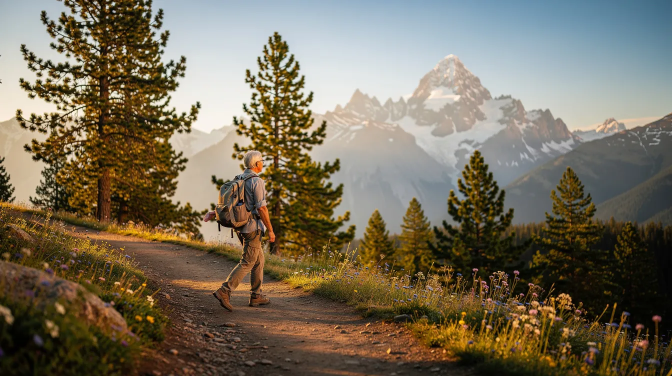 An elderly retiree is walking along a scenic trail, surrounded by majestic mountains in the background, embodying the tranquility of retirement life. This moment reflects the importance of having a solid retirement plan, such as a pension plan or 401k, to ensure financial security during retirement years.