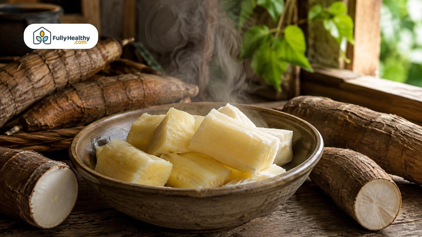 Steaming boiled cassava pieces served in a bowl beside fresh roots
